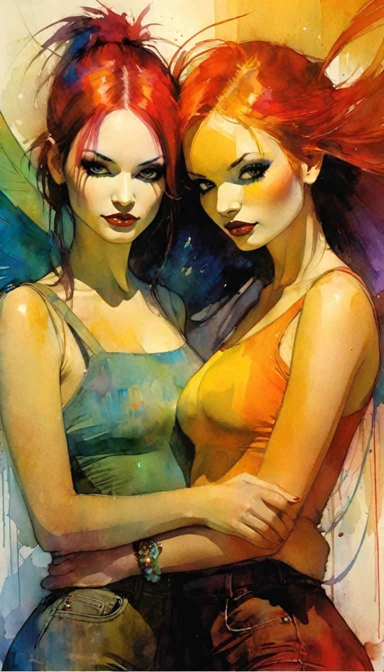 two girls love, pride (art inspired by Bill Sienkiewicz ). oil painting)