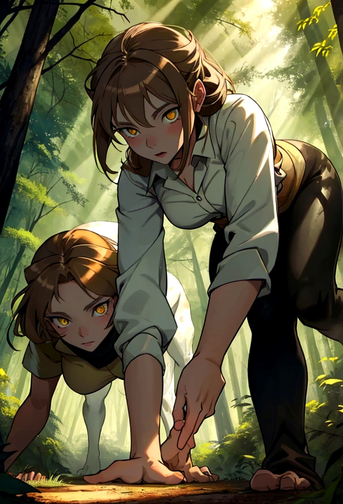 a wild feral light brown haired women on all fours in the forest staring