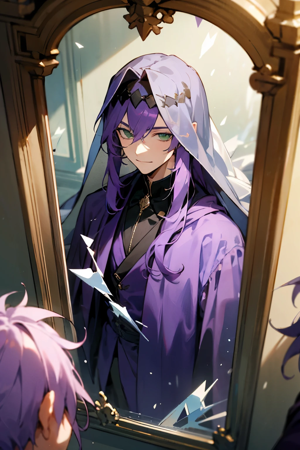 Young man, male, Green eyes, purple hair, long hair, flowy hair, purple clothes, Veil over Head, dark clothes, mirrors, glass shards, broken mirrors, mischiveous smile