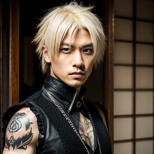 1 japanese male rocker, asien eyes, Visual Kai hairstyle, ultra detailed face and body, hyperrealistic, realistic representation, muscular, broad shoulders, tattoos gothic style, piercings, Visual Kei style, hairstyle Visual Kei, blond, 40 years old, age 40 outfit gothic streampunk, men's shirt and black pants, Asian eyes, eyes Asian, long hair, long hair