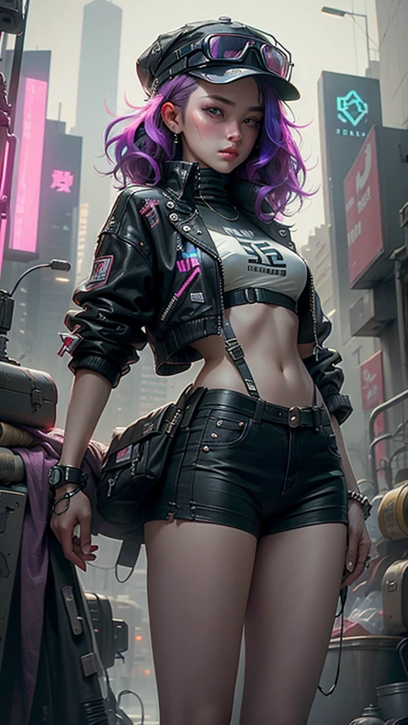 Beautiful woman medium hair, wearing cap, cyberpunk style short clothes