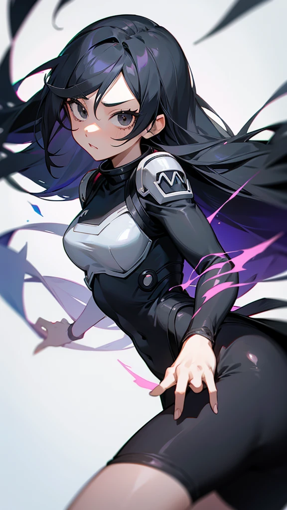 Boku No Hero Academia girl with elastic superpowers and black magic with long hair and gray and black eyes with a U suit.A