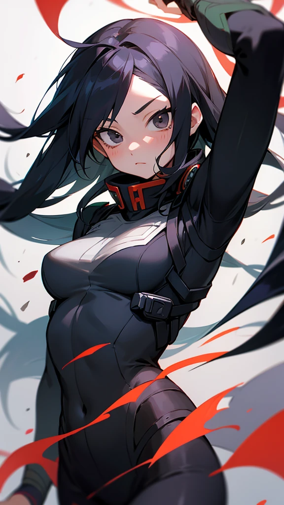Boku No Hero Academia 16 year old girl with elastic superpowers and black magic with long hair and gray and black eyes with a U suit.A