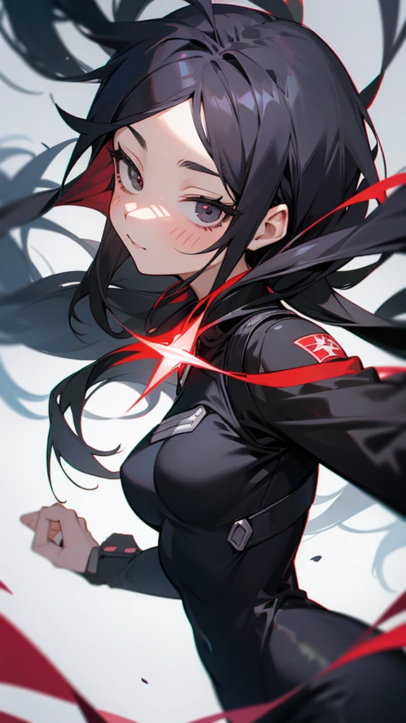 Boku No Hero Academia 16 year old girl with elastic superpowers and black magic with long hair and gray and black eyes with a U suit.A