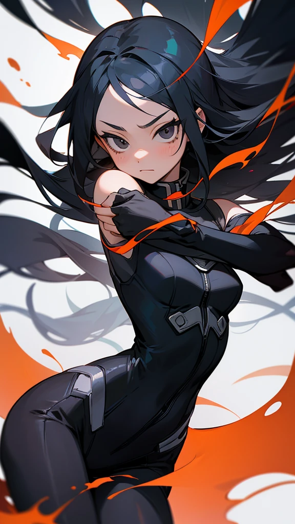 Girl with orange eyes and black hair looking to the side. 1 person,She has long black hair . She has orange eyes、Has a serious expression。.