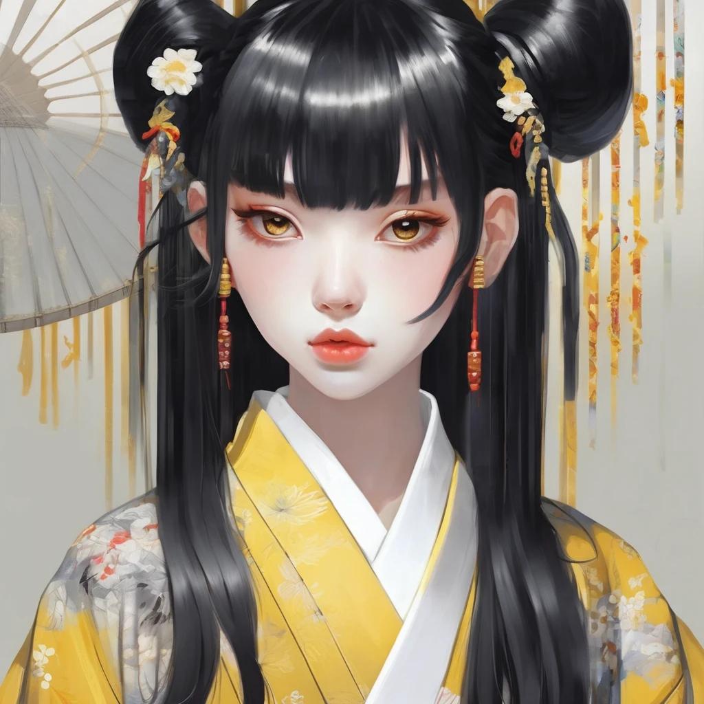 Black hair white bangs, tied hair with half ponytail, one eye yellow and the other black, kimono metamorphosis and soul.