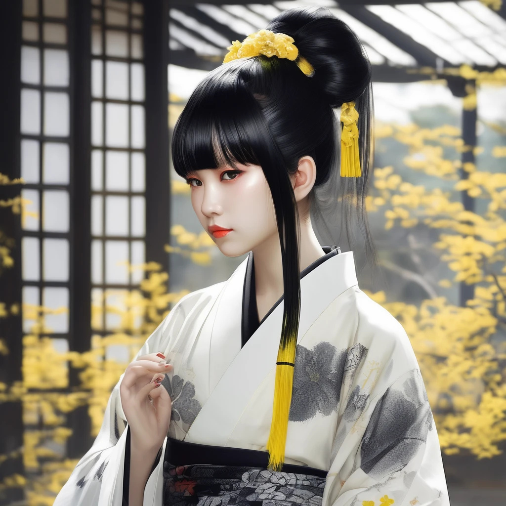 Black hair white bangs, tied hair with half ponytail, one eye yellow and the other black, kimono metamorphosis and soul.