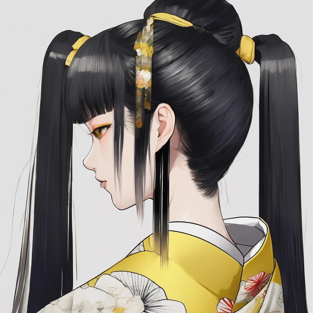 Black hair white bangs, tied hair with half ponytail, one eye yellow and the other black, kimono metamorphosis and soul.