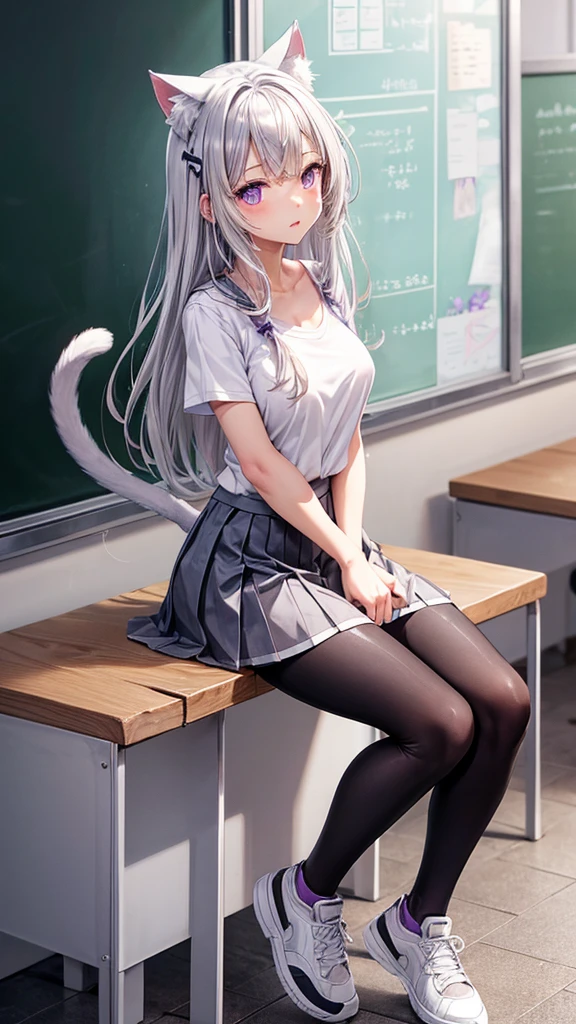 Naked, nude , medium natural breasts, silver hair, cat ears, two bell clips, purple eyes, fluffy silver tail, open school shirt, blue wide skirt, black and white leggings, white sneakers, school class, near the blackboard