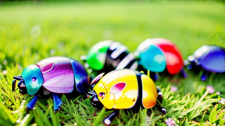 Children playing with beautiful beetles in the grassland、Children playing with beautiful beetles in the grassland、Colorful Mushiking