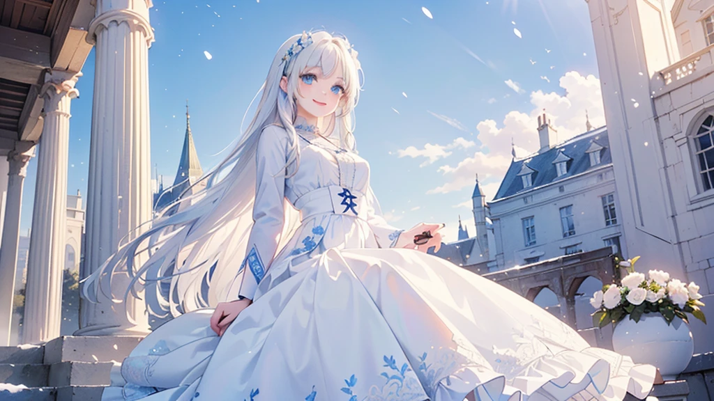 ((best quality，masterpiece，Extremely complex and exquisite details，There is only one beautiful girl with long white straight hair and blue eyes，Smile，long skirt))，(Exquisite light blue and white clothing，Beautiful bright and exquisite ancient style white castle architectural background)，(correct anatomy，exquisite face)，(Exquisite fantasy dream style，Snow，Falling Flowers，The great outdoors)