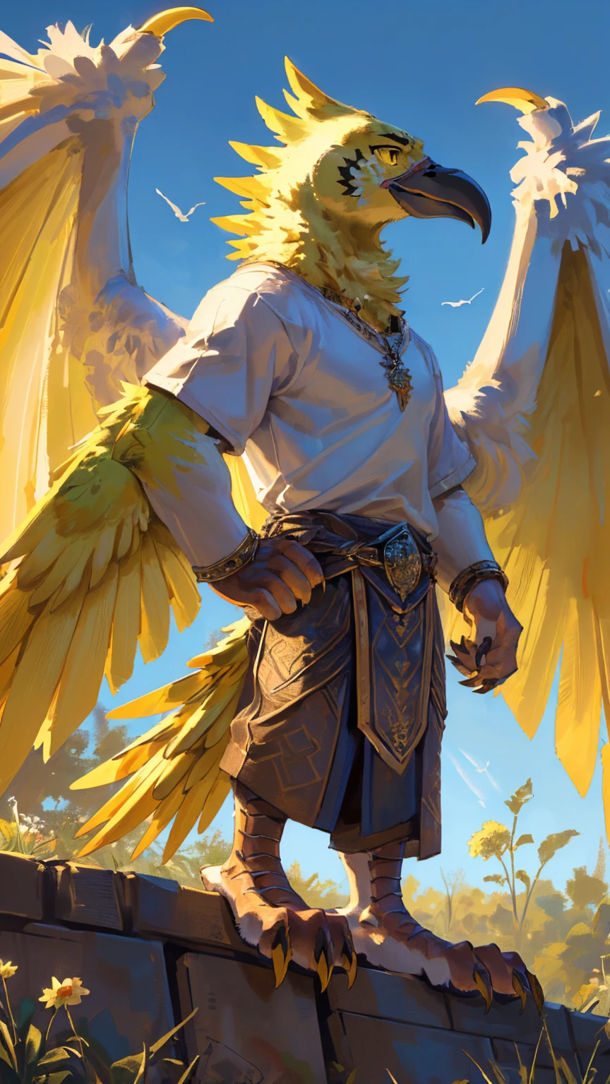 ((middle Ages:1.3)),【Sky background:1.6】,(Royal Family:1.2),((sunny:1.4)),high resolution,4K,【9:16 Whole body:1.1,posture:1.5】,masterpiece,high quality,((Griffin)),male,Furry,(ager:1.3),hairy,((Fierce and vicious:1.4)),(((Lean:1.2,Big Wings:1.3,Bird paws:1.3))),(((White upper body:1.4))),(((White Wings:1.3))),(((Yellow pupil:1.2))),(((Yellow bird claws:1.3))),(((Lower Body:1.3))),((No shirt,No underwear)),Exquisite eyes,Detailed body,Detailed claws,Detailed feet,Kenket's Art