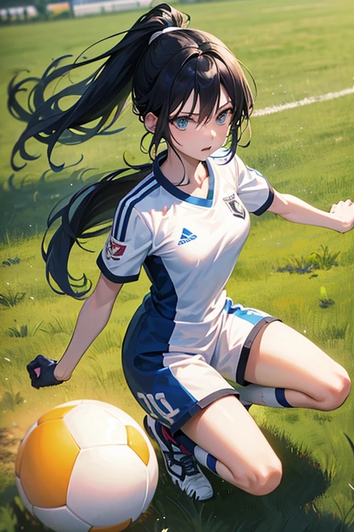 (anime ,2D) Women, soccer player , average height ,clear skin,thin face ,serious expression,blue eyes,black hair , waist length ,fringe ,collected in a ponytail,Skinny body,big breasts,small waist, France national team uniform, In a soccer field ,kicking a ball with a super technique.