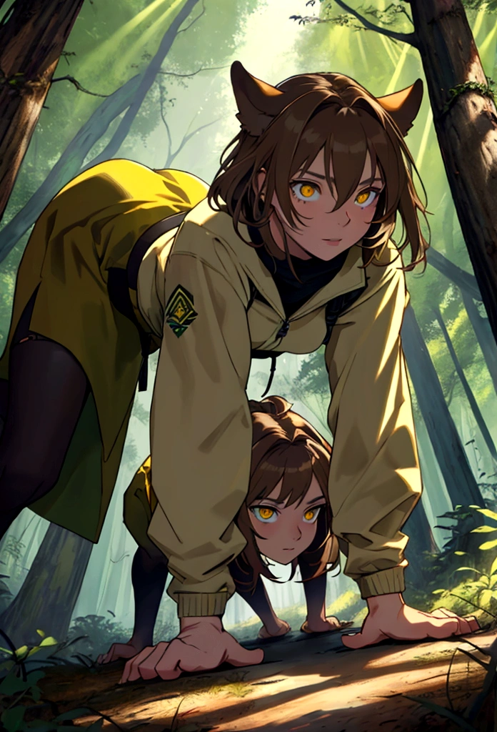 a wild feral light brown haired women on all fours in the forest staring at you with bright yellow eyes