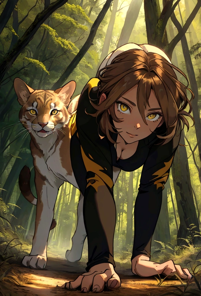 a wild feral light brown haired women on all fours in the forest staring at you with bright yellow eyes