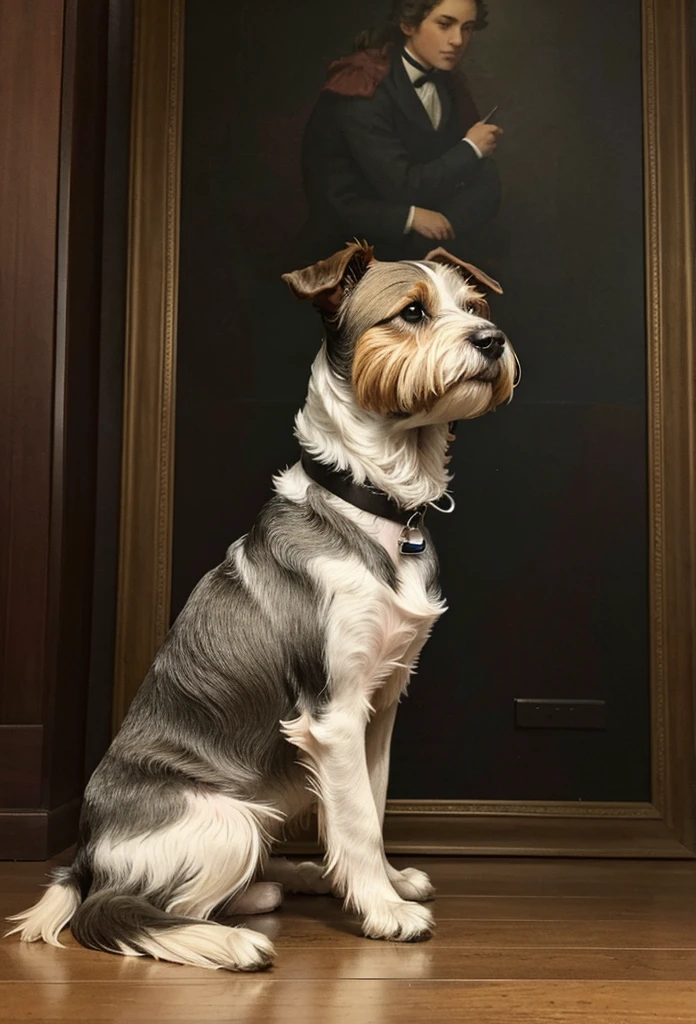 (best qualityer,work of art:1.2),1st Terrier Sitting Awaiting His Master's Arrival,illustration,ultra detali,realisitic,beautiful detailed eyes and face, patient and loyal expression,fine brush strokes,Lush green garden background with vibrant flowers,Bright sunlight streaming through the trees,emphasize the texture of the terrier's fur,subtle shadows adding depth and dimension,proffesional,colorful and vivid palette,soft, warm lighting,adorable and realisitic portrayal of the terrier's nose and mouth,capturing the anticipation and excitement in the terrier's eyes,Detailed rendering of surrounding nature and foliage,insinuate the passage of time and the dog's unwavering devotion to its owner.