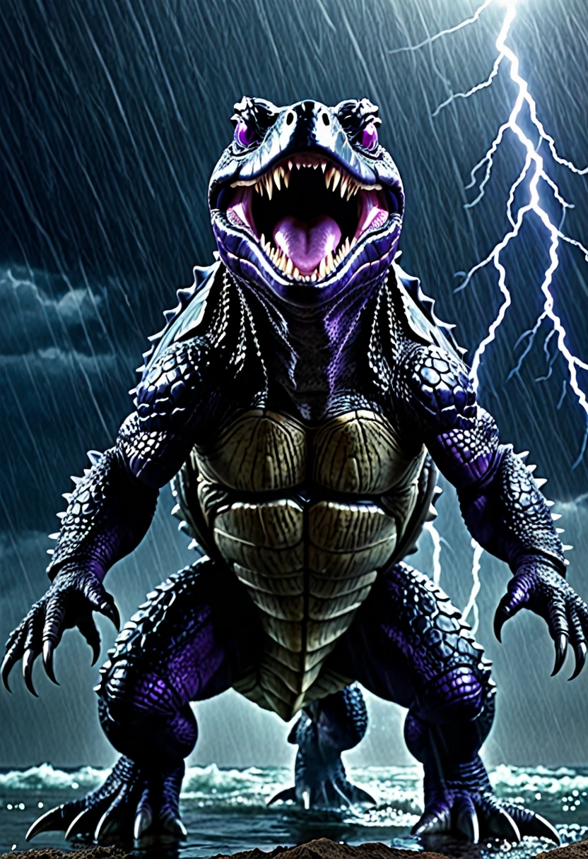 Backlighting, shadows, Symmetry, Ultrahigh definition, Masterpiece, ccurate, super-detail, High quality, 8K, Dark style theme, The picture is extremely dark and evil, Center of the screen, cinematic, sea, thunderstorm, hurricane, rain, solo, gamera, ancient turtle, kaijuu, claws, fangs, monster, open mouth, plastron, no human, retro artstyle, sharp teeth, teeth, tokusatsu, turtle shell, turtle-like, alligator snapping turtle, dark coloring, dark, horror, quadrupedal, short neck, crystal, spike, glowing eyes, purple eyes, purple thunder eyes effect, on four legs,