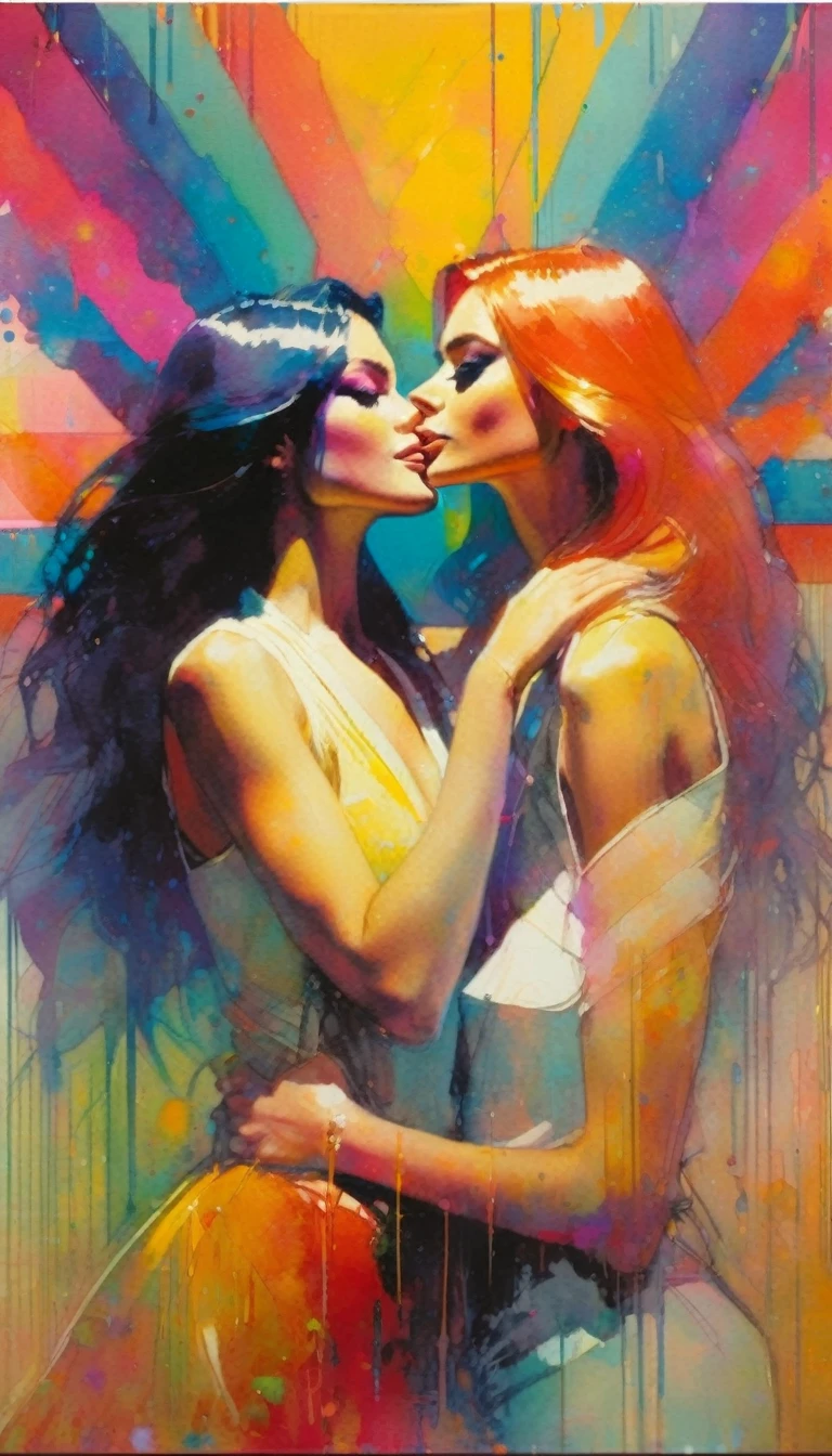 two girls love, pride (art inspired by Bill Sienkiewicz ). oil painting)