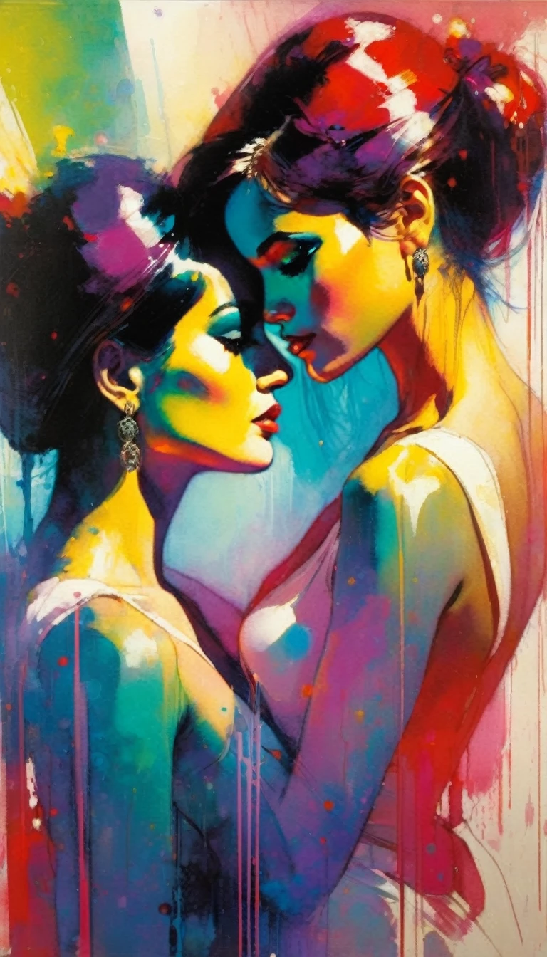 two girls love, pride (art inspired by Bill Sienkiewicz ). oil painting)
