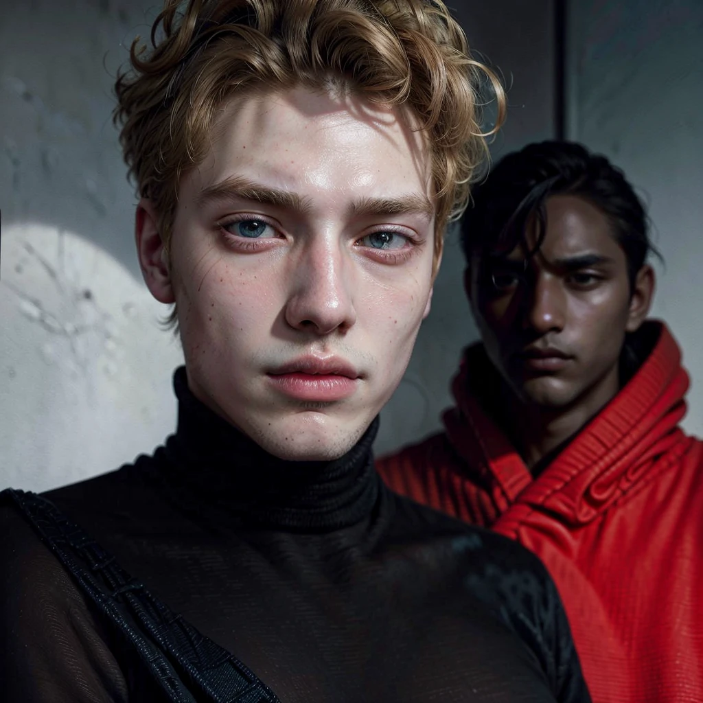 handsome male ,upper body portrait, sweater, detailed short hair,white skin, blonde hair,serious face,handsome boys,realistic photo, hyperdetailed, ((blonde hair man)), (aqua eyes), handsome man, there is a man lying in bed with a necklace around his neck, high-necked blouse, black high-necked blouse, hyperrealistic, tumblr, epic, smooth and pale skin, background, background with bokeh effect, blond hair, solid circle eyes, ccurate, hyperrealism, Surrealism, drop shadow, 8k, super detail, best quality, UHD, masterpiece, anatomically correct, UHD, masterpiece, anatomically correct, textured skin, super detail, high details, high quality, 16k, 1080P, 4K, 8k, straight hair, , Realism,