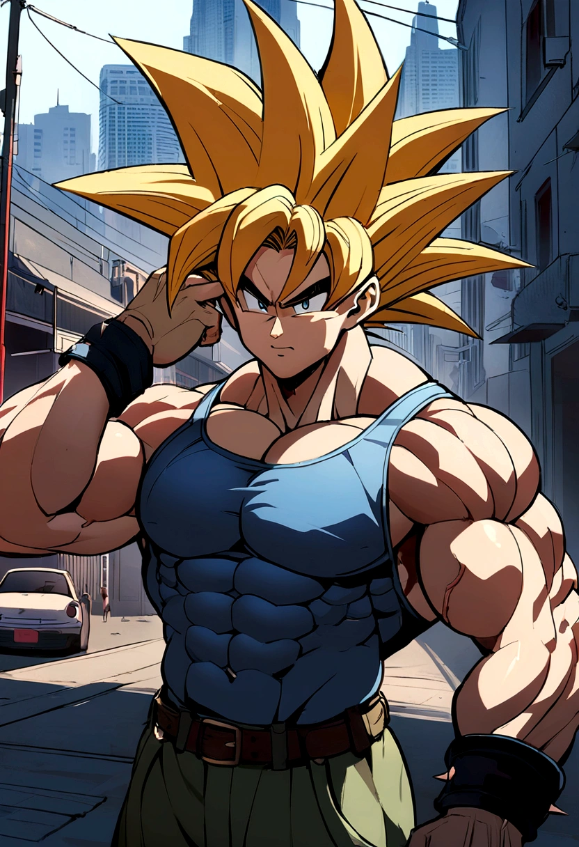 (realisitic,fotorrealisitic:1.37),Ultra detailded,Detailed illustration of Goku(detailded,emotional,Expressive,resource),with cyberpunk style clothes (elegantly,Urban,Casual),Standing in a narrow alley(tenebrosa,Coraggioso,Urban),Created with detailed shading and textures(detailed lines,Textured surfaces),Bright colors with a mix of vibrant street art tones(graffit,pop art,Arte Urban),exuding an aura of power(mighty,Energetic,Dynamic presence). Scene lighting should be dramatic and focused, with strong contrasts between lights and shadows (dramatic lighting,high contrast lighting). Overall image quality must be of the highest standard (the best quality,4K,8K,highres,work of art:1.2), capturing every intricate detail of Goku's face, coiffure, Garments, and muscular physique(additional tags for Goku: spiky hair, Muscle Building, confident expression, Determined eyes). A atmosfera do beco deve refletir um ambiente Urban e arenoso., with hints of a city skyline in the background.