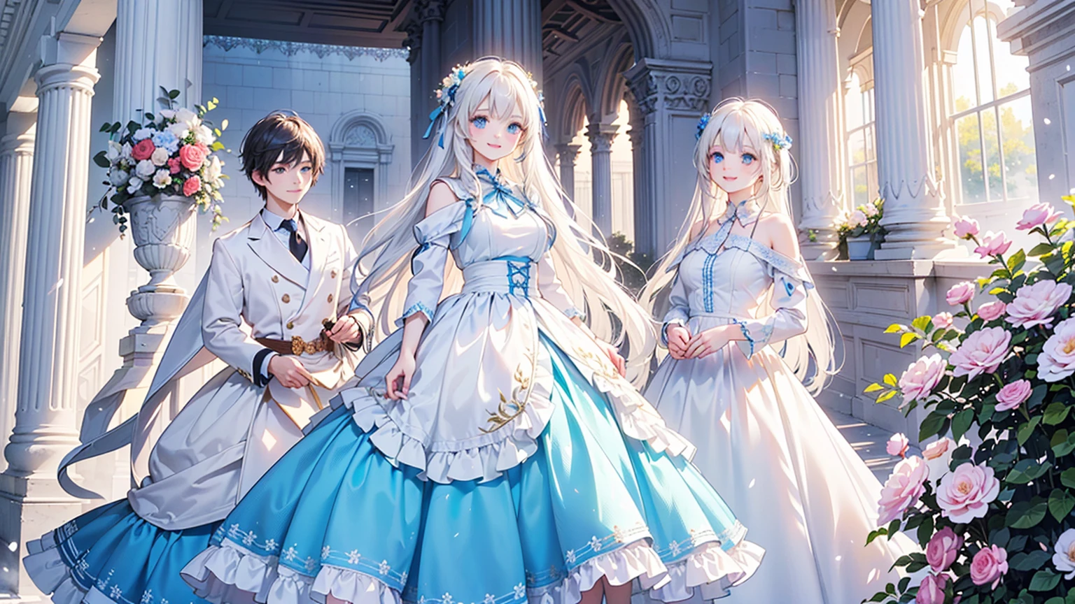 ((best quality，masterpiece，Extremely complex and exquisite details，There is only one beautiful girl with long white straight hair and blue eyes，Smile，long skirt))，(Exquisite light blue and white clothing，Beautiful bright and exquisite ancient style white castle architectural background)，(correct anatomy，exquisite face)，(Exquisite fantasy dream style，Snow，Falling Flowers，The great outdoors)
