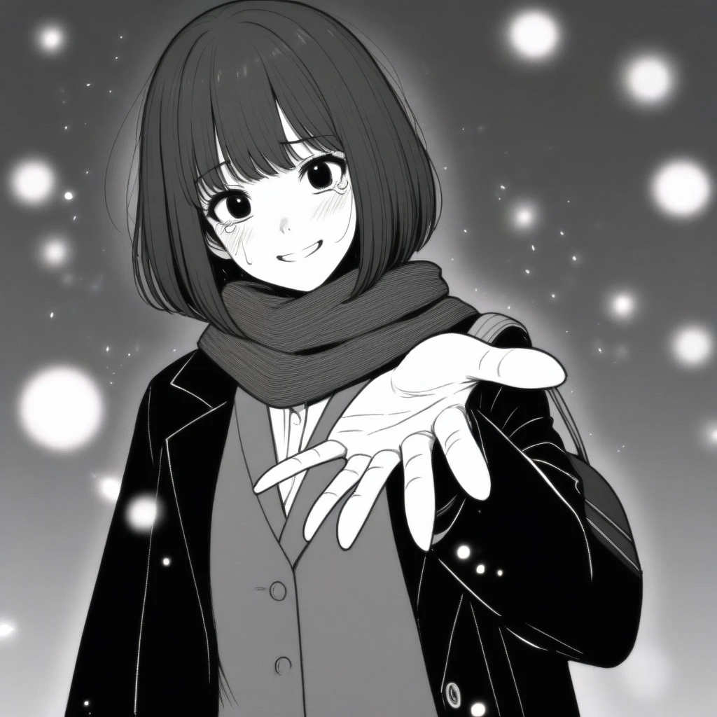 masterpiece, best quality, 1girl, mamerakkkkko, grayscale, manga style, japanese, chi no wadachi, black eyes, street, iced, black hair, schoolbag, smile, lineart, black coat, black scarf, black pleated skirt, leggins, centered, adult female:1.4, tall, fair skinned, bokeh background, crying, tears, tears streaming, bob cut, light particles, centered, snowing, (((reaching out left hand to viewer, perfect hand, detailed hand:1.1)), emotional anime scene
