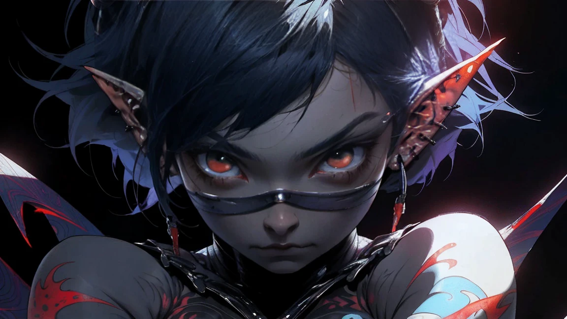 realist, (Masterpiece, Superior quality, Best Quality, Official Art, Beauty, atmospheric, cosmic, Gothic, Short Blue Hair, Elf Woman, Psychedelic, dreamlike, horror, in the style of tokyo ghoul and devil may cry: 1.2), Very detailed, Fractal Art, showy, More Detailed, tangled, (abstract background: 1.5) (1 chico: 1.3), Ghoul, oni horns, short Blue Hair, Hair, (bright red eyes, tons of tattoos and piercings), Mysterious, (dark magic), beautiful goth elf woman, Japanese folklore style