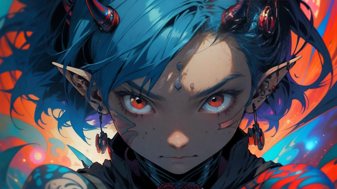 realist, (Masterpiece, Superior quality, Best Quality, Official Art, Beauty, atmospheric, cosmic, Gothic, Short Blue Hair, Elf Woman, Psychedelic, dreamlike, horror, in the style of tokyo ghoul and devil may cry: 1.2), Very detailed, Fractal Art, showy, More Detailed, tangled, (abstract background: 1.5) (1 chico: 1.3), Ghoul, oni horns, short Blue Hair, Hair, (bright red eyes, tons of tattoos and piercings), Mysterious, (dark magic), beautiful goth elf woman, Japanese folklore style