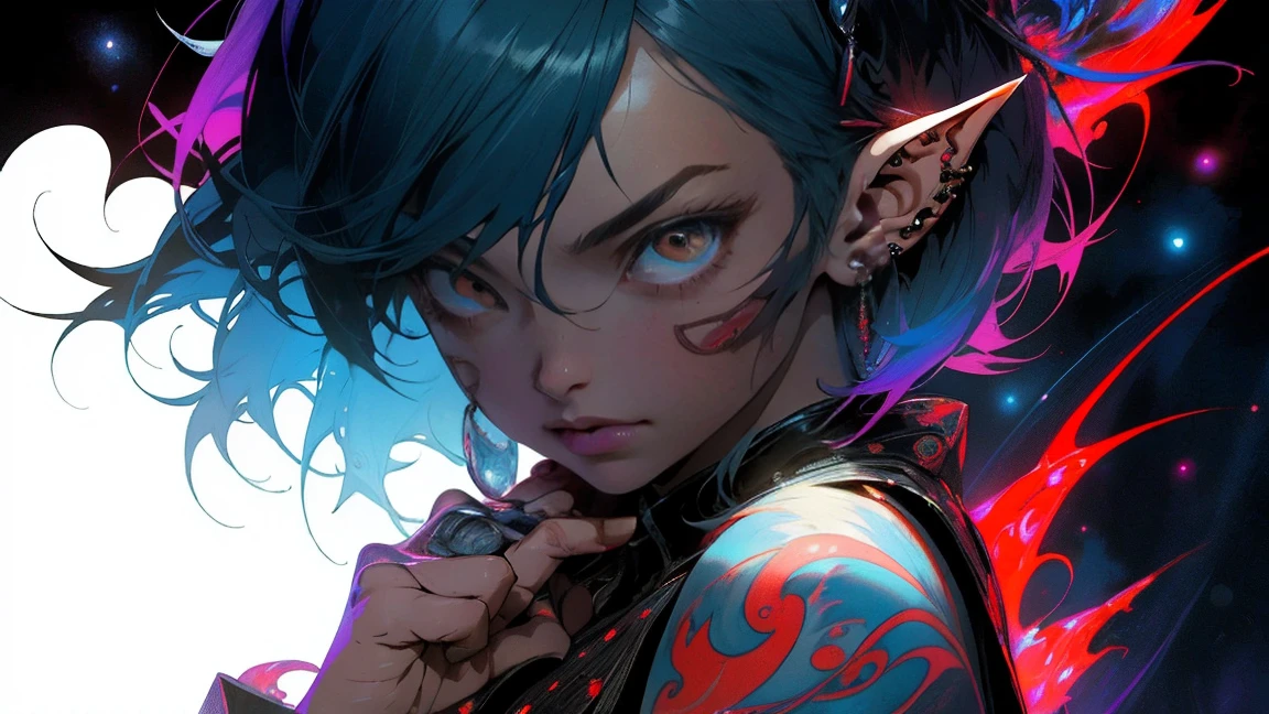 realist, (Masterpiece, Superior quality, Best Quality, Official Art, Beauty, atmospheric, cosmic, Gothic, Short Blue Hair, Elf Woman, Psychedelic, dreamlike, horror, in the style of tokyo ghoul and devil may cry: 1.2), Very detailed, Fractal Art, showy, More Detailed, tangled, (abstract background: 1.5) (1 chico: 1.3), Ghoul, oni horns, short Blue Hair, Hair, (bright red eyes, tons of tattoos and piercings), Mysterious, (dark magic), beautiful goth elf woman, Japanese folklore style