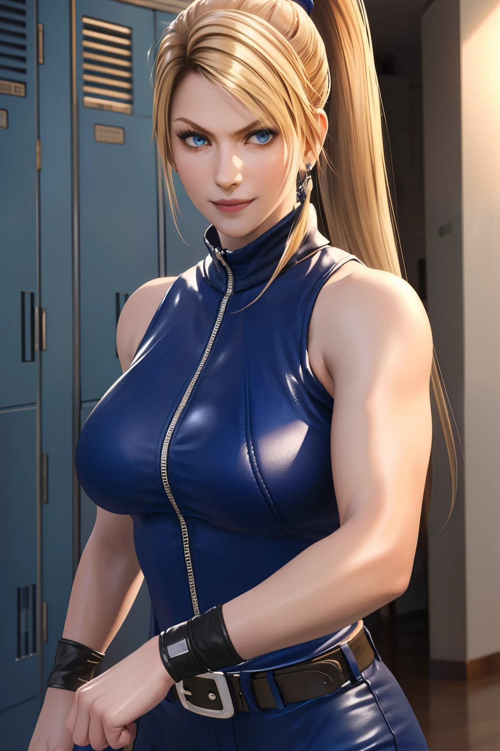 Sarah, blue eyes, very long hair, leaning on bench, (fighting stance:1.5), (shiny skin:1.2), (skinny girl:1.5), blonde hair, (high ponytail:1.4), floating hair, (plain sweater:1.0), Shoulders exposed, (arms exposed:1.3), (medium breasts:1.3), (pushed up breasts:0.4), (curvy figure:0.7), (locker room), belt ,(sleeveless:1.6), boots, high heels, earrings, BREAK masterpiece, 1 girl, RAW photo, (best quality:1.2), extremely delicate beautiful, very detailed, 2k wallpaper, amazing, fine details, extremely detailed CG Unity 8k wallpaper, super detailed, high resolution, (beautiful detailed girl:1.2), perfect anatomy, (big smile expression:1.2), (upper body:1.4), (Realistic, Photorealistic:1.0), (thin nose:1.2), (breast focus:1.3), high nose bridge, (blue clothes:1.2)
