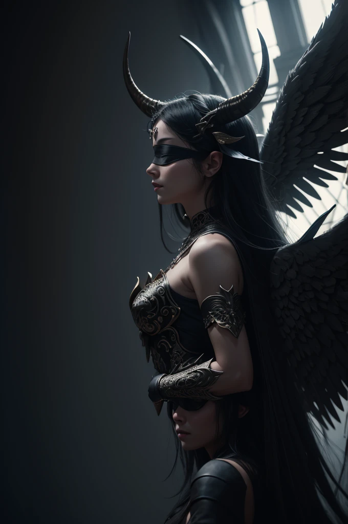blindfolded, Divine judgement, sending from the sky, dynamic pose, A beautiful angel woman with huge wings, 2 giant horns, facing forward, in a melancholy pose, with a beautiful sharp face, ultra-detailed, hyper realistic, cinematic lighting, dark moody colors, dramatic shadows, intricate details, ethereal, fantasy, elegant, photorealistic, body armor, showing no emotion, grey skin