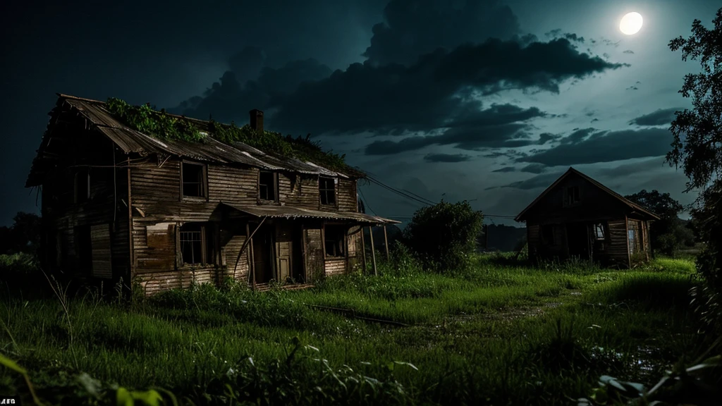 a poor dilapidated house in a remote rural location at night, moonlight shining through the clouds, overgrown weeds and vines covering the exterior, a single dim light glowing from a window, an old rusty car parked nearby, a sense of isolation and melancholy