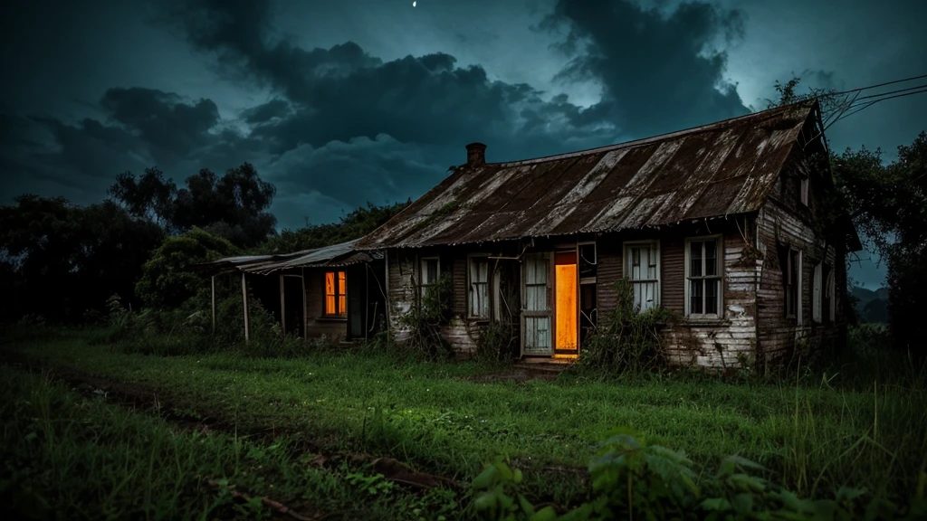 a poor dilapidated house in a remote rural location at night, moonlight shining through the clouds, overgrown weeds and vines covering the exterior, a single dim light glowing from a window, an old rusty car parked nearby, a sense of isolation and melancholy