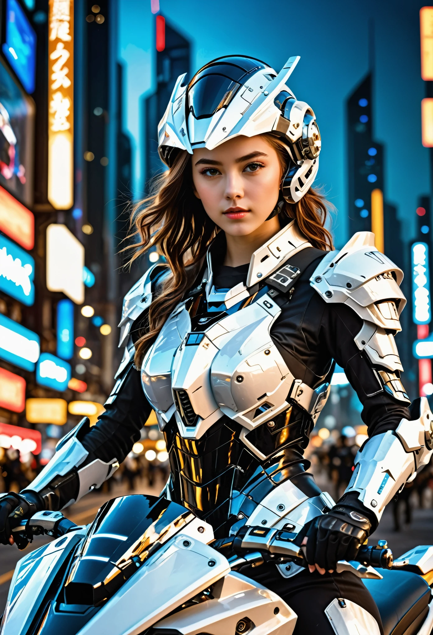 Highest image quality, Outstanding details, Ultra-high resolution, (Honesty: 1.4), Best example, Favor the details, Highly concentrated 1girl, Beautiful face, Dressed in black and white armor, Wearing a mecha helmet, Hold the directional controller, Riding a motorcycle, The background is a high-tech lighting scene of a future city.