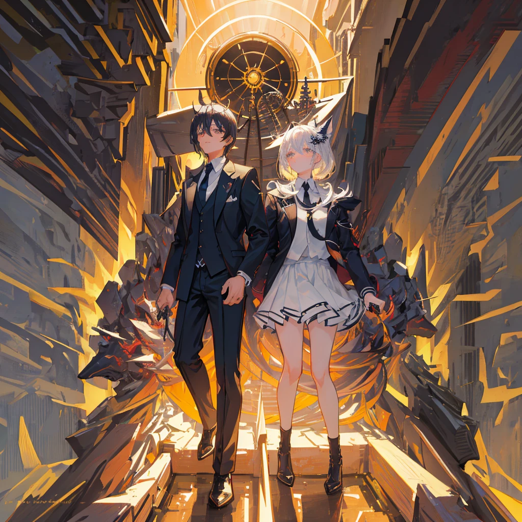 In an anime world, a mysterious man stands out. Wearing a sharp black suit with a impeccable silver tie, he wears an ornate wolf mask with intertwined magical runes. Your amber eyes shine through the mask, emanating wisdom and hidden power. Her short, dark hair is slicked back, complementing your confident and serene posture. Every gesture is calculated and graceful, revealing firm control over oneself and the environment around oneself. He is an enigmatic figure, whose actions and words are loaded with deep meaning, capturing the attention and respect of everyone around you.