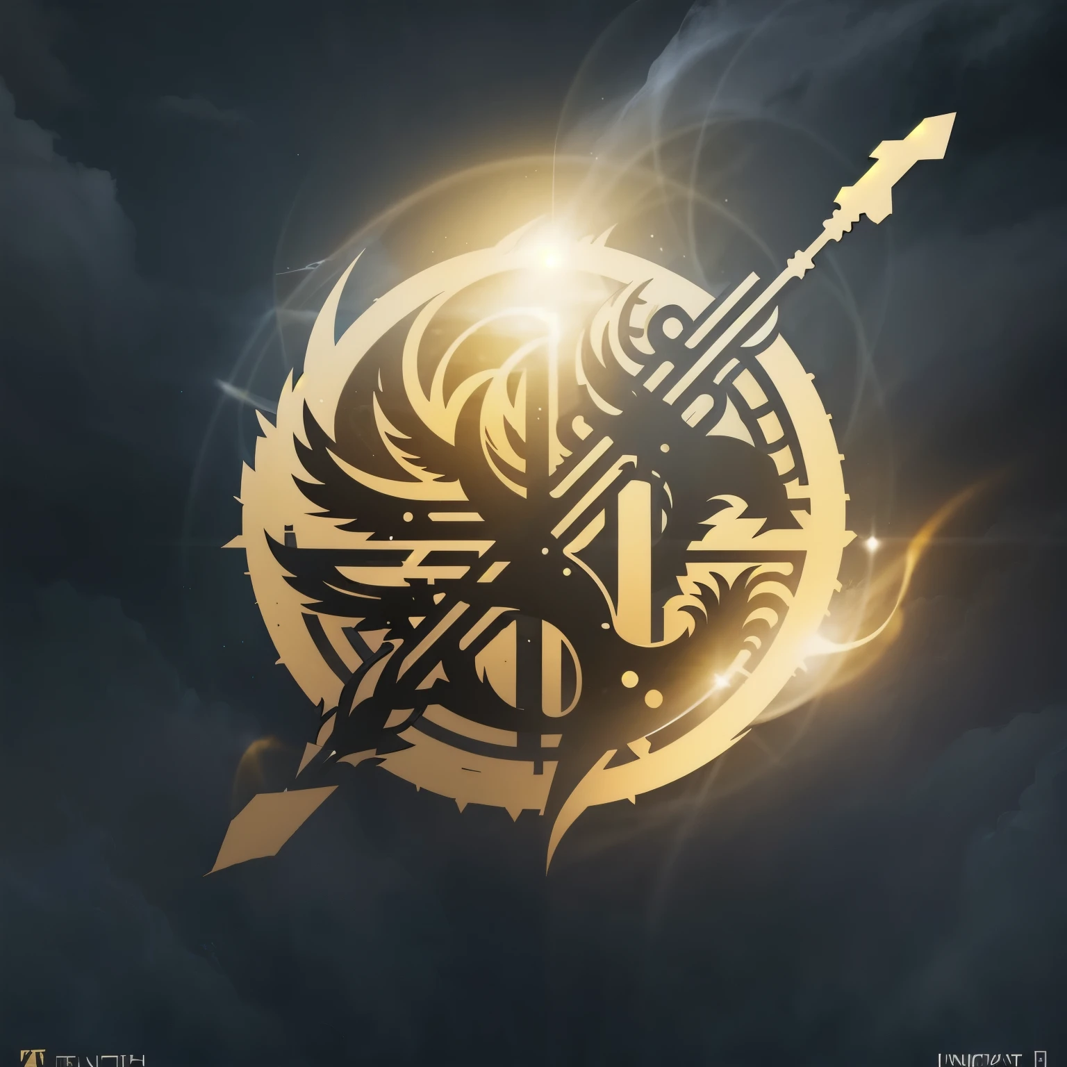 a logo using the image of military weapon Detailed sniper rifle Firearm weapon (entire), for a faction of light in an RPG world, light emblem, just yellow color, mighty, concentrated, dreamy, purify, Symmetrical, chic, high qualiy, com fundo branco, minimalistic