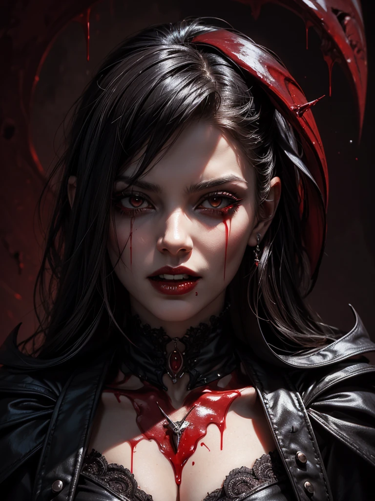 (masterpiece), excellent quality, abstract art, vector art, face of a woman with long and sharp vampire-like canines, and blood dripping from her mouth, winking, seductive look, aesthetics with blood dripping effect