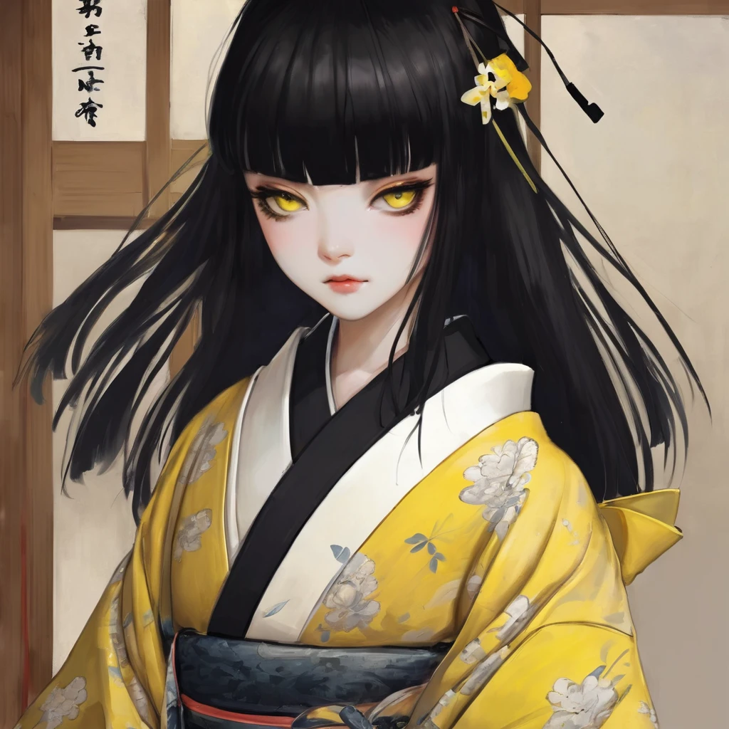 Black hair white bangs, half-tied hair, one eye yellow and the other black, kimono metamorphosis and soul.