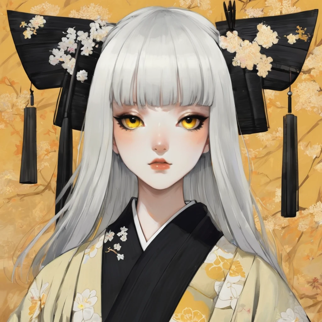 Black hair white bangs, half-tied hair, one eye yellow and the other black, kimono metamorphosis and soul.