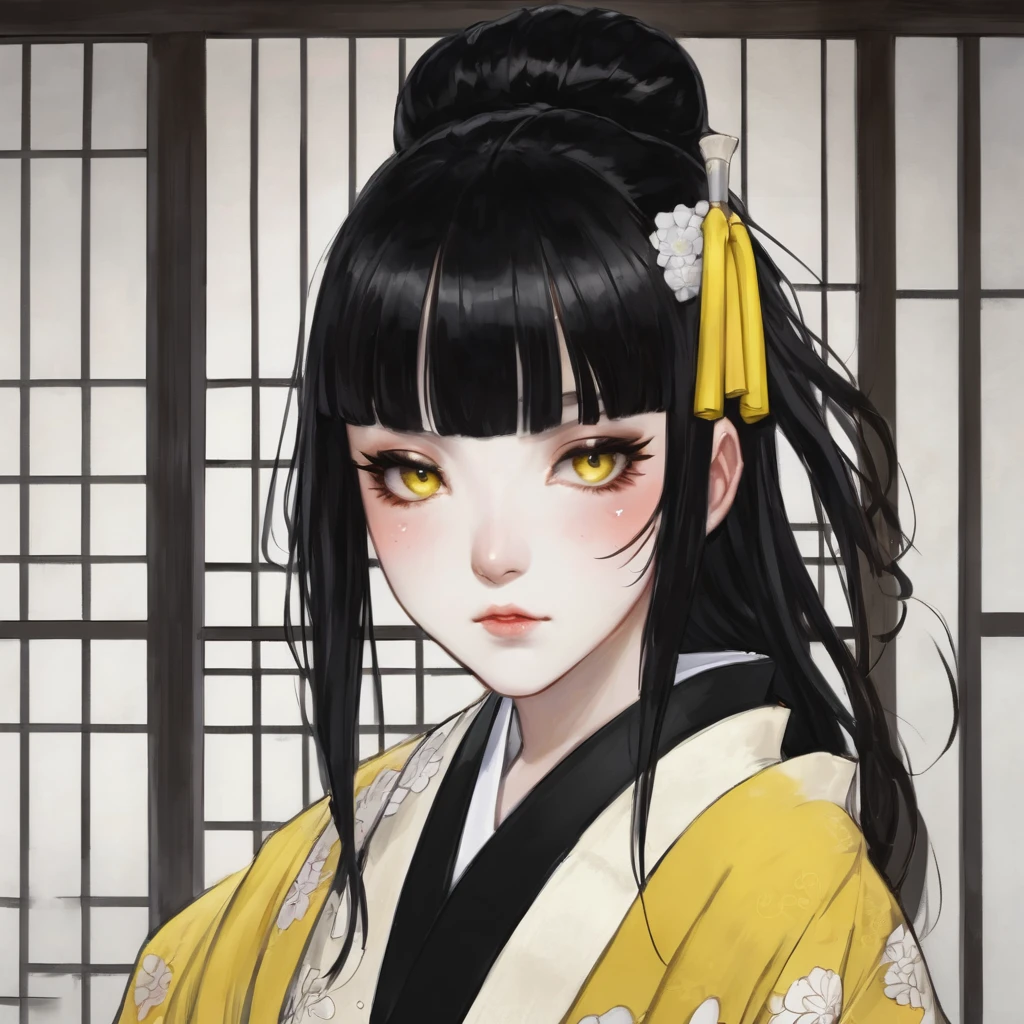 Black hair white bangs, half-tied hair, one eye yellow and the other black, kimono metamorphosis and soul.