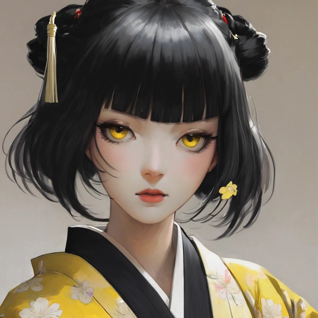 Black hair white bangs, half-tied hair, one eye yellow and the other black, kimono metamorphosis and soul.