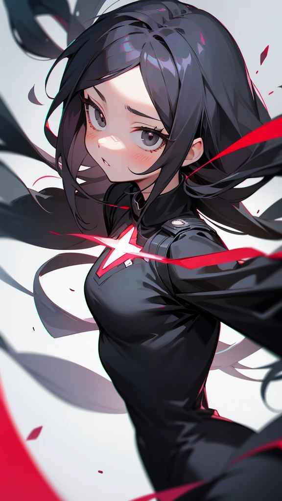 Boku No Hero Academia 3 year old girl with elastic superpowers and black magic with long hair and gray and black eyes with U suit.A
