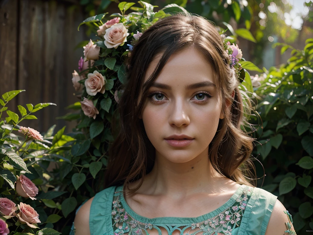 A girl in a garden, beautiful detailed eyes, beautiful detailed lips, extremely detailed eyes and face, long eyelashes, detailed dress, detailed environment, digital art, illustration, colorful, vibrant colors, cinematic lighting, dramatic lighting, intricate details, fantasy, whimsical, detailed foliage, lush greenery, detailed flowers, cinematic composition, highly detailed, masterpiece, 8k, best quality, photorealistic