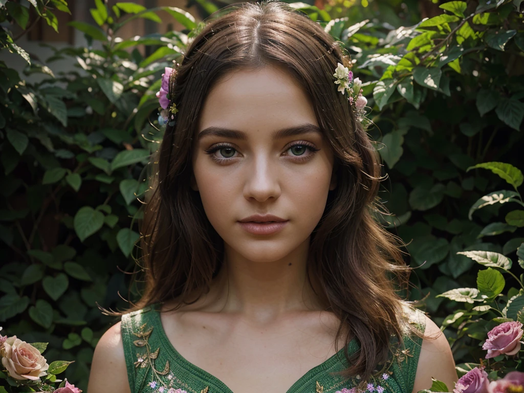 A girl in a garden, beautiful detailed eyes, beautiful detailed lips, extremely detailed eyes and face, long eyelashes, detailed dress, detailed environment, digital art, illustration, colorful, vibrant colors, cinematic lighting, dramatic lighting, intricate details, fantasy, whimsical, detailed foliage, lush greenery, detailed flowers, cinematic composition, highly detailed, masterpiece, 8k, best quality, photorealistic
