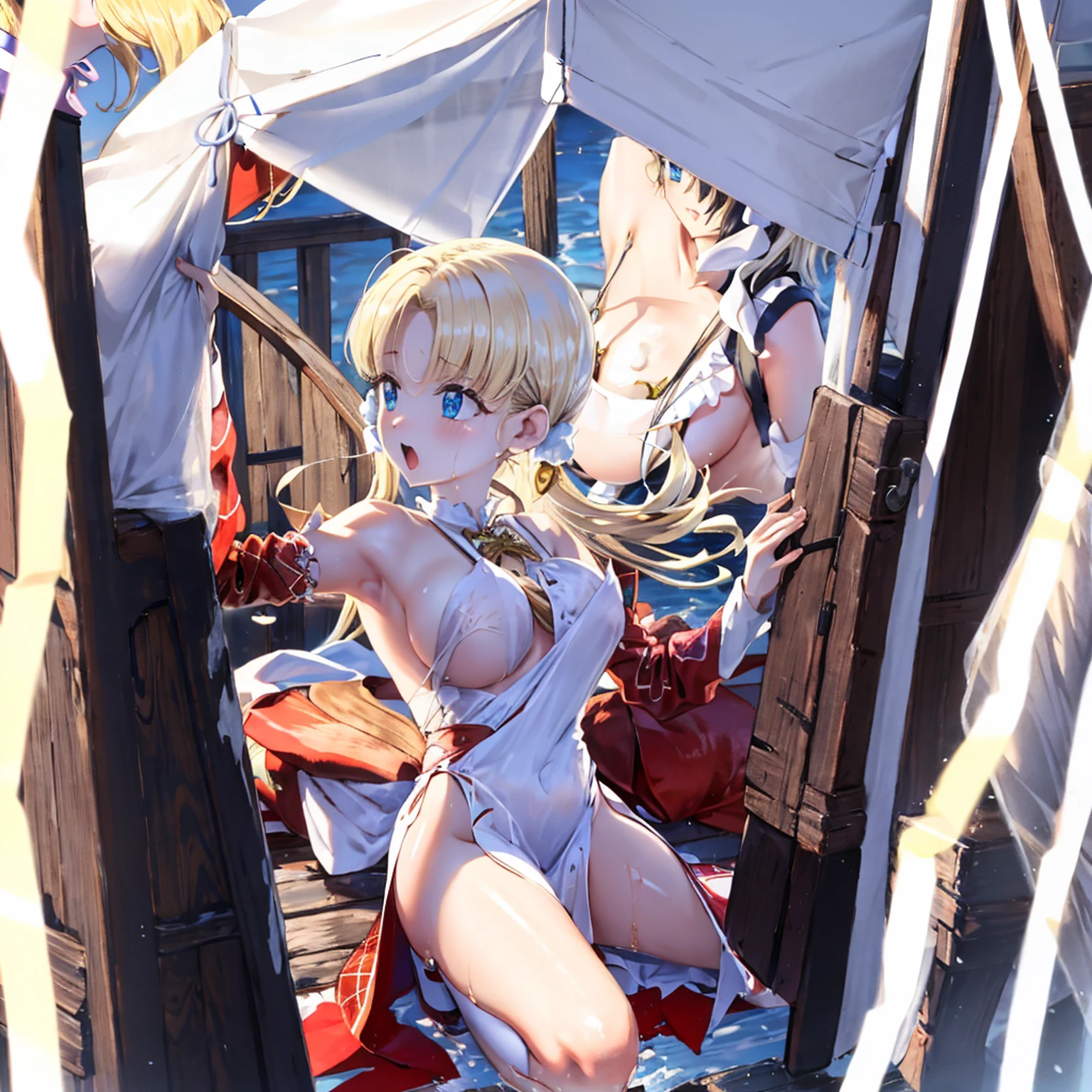 (masterpiece:1.5)、(Highest quality:1.5)、(8K:1.2)、(Very detailed:1.2)、(Actual:1.2)、(Ultra-high resolution:1.2)、(Nadja, Blonde long hair, Big Blue Eyes)、(He is in a dark tent.:1.5)、(Violent with multiple men:1.6)、(Overflowing love juice:1.4)、(One hiccup:1.5)、rest、(Slim 10 male:1.3)、(Beautiful eyeliner)、(Beautiful eyeshadow)、Natural lip color、rest、(White gorgeous transparent slit dress:1.6)、(White lace dress:1.5)、rest、(Modest Bust)、((A woman whose clothes were violently torn apart by multiple people))、(My clothes got torn)、((Torn clothes))、((Half naked))、Even aof light, ((Boobs fully exposedsy fully exposed))