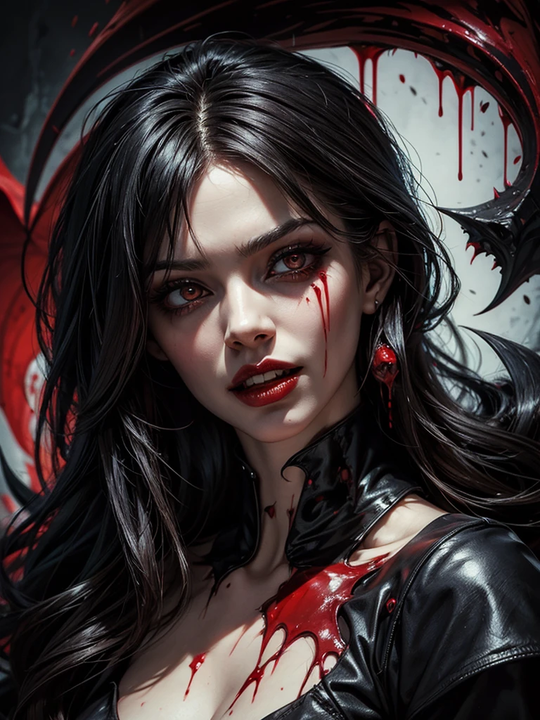 (masterpiece), excellent quality, abstract art, vector art, woman with long and sharp vampire-like canines, and blood dripping from her mouth, winking, seductive look, aesthetics with blood dripping effect