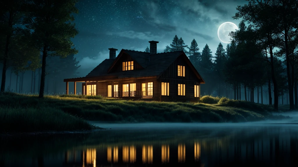 a remote house at night, moonlit house in a rural landscape, a secluded cottage in the wilderness, (best quality,8k,highres,masterpiece:1.2),ultra-detailed,realistic,photorealistic,photo-realistic:1.37,dramatic lighting,moonlight,night sky full of stars,moody atmosphere,overgrown forest,rustic wood exterior,reflections in a lake,glowing windows,atmospheric fog