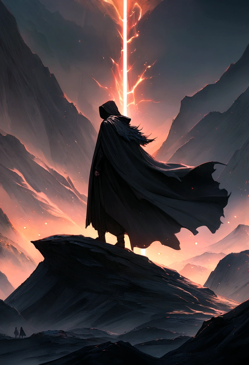 Mysterious man in hooded cape on top of a mountain, vestido com a black cloak, wearing a flowing cloak, vestindo a black cloak, Yuri Shwedoff e Tom Bagshaw, a black cloak, black cloack, elegant cinematic fantasy art, Dark cinematic concept art, 4k fantasy artwork, dark cloak, fantasy art 8k, camouflaged