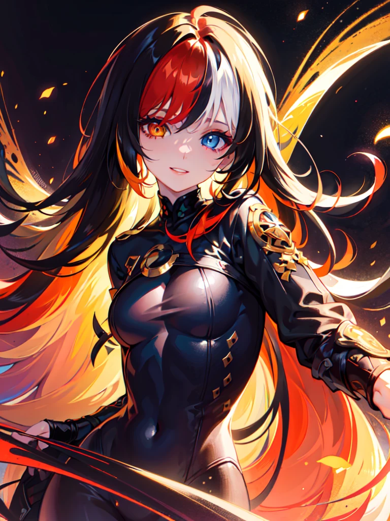 {{masterpiece}}, best quality, extremely detailed CG unity 8k wallpaper, cinematic lighting, lens flare, beautiful detail eyes, black,  side glance,  multicolor hair, colorful light, particles, heterochromia, one red eyes, one golden eyes, (colorful:1.5), (colorful hair:1.5), face only, smiling,